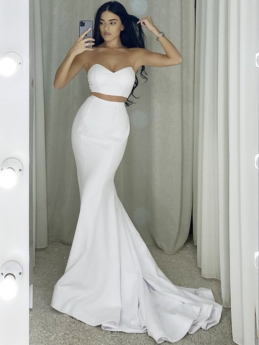 Trumpet/Mermaid Satin Ruffles Sweetheart Sleeveless Sweep/Brush Train Dresses DEP0001649