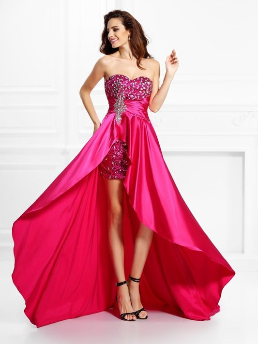 A-Line/Princess Sweetheart Beading Sleeveless High Low Elastic Woven Satin Dresses DEP0003677