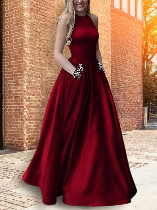 A-Line/Princess Halter Sleeveless Floor-Length Beading Satin Dresses DEP0002223