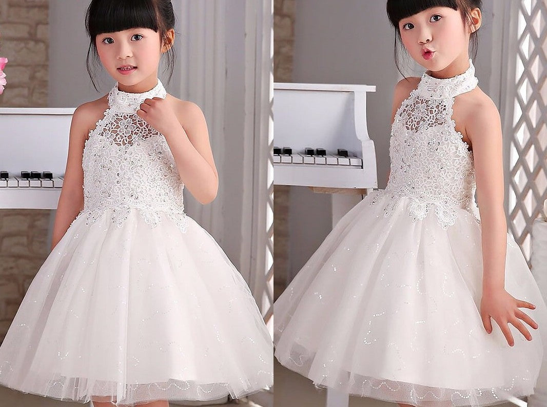 A-line/Princess Halter Sleeveless Beading Tulle Knee-Length Flower Girl Dresses DEP0007606