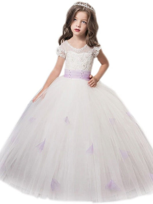 Ball Gown Jewel Short Sleeves Sash/Ribbon/Belt Floor-Length Tulle Flower Girl Dresses DEP0007727