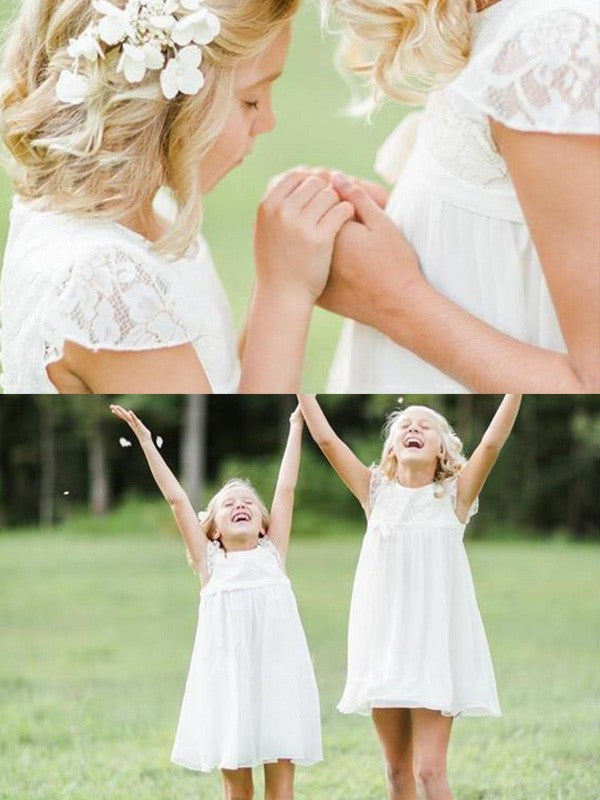 A-Line/Princess Short Sleeves Scoop Knee-Length Lace Chiffon Flower Girl Dresses DEP0007814