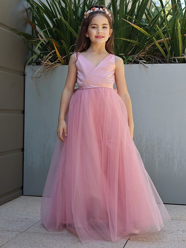 A-Line/Princess Tulle Bowknot V-neck Sleeveless Floor-Length Flower Girl Dresses DEP0007496