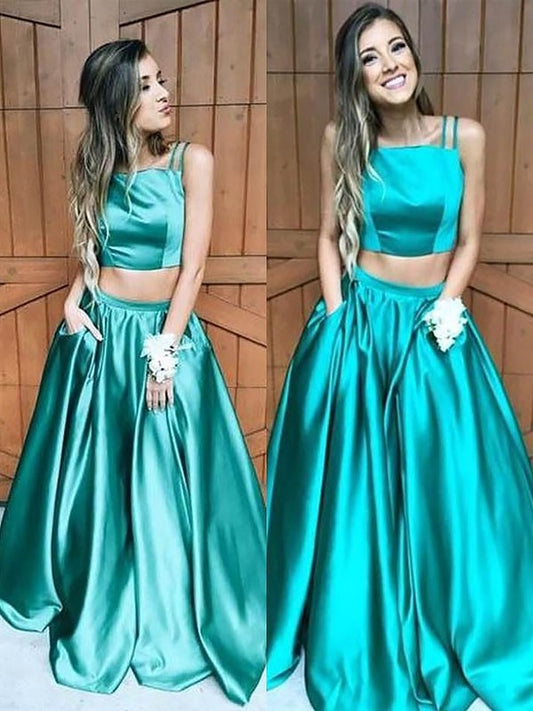 A-Line/Princess Sleeveless Square Floor-Length Ruffles Satin Two Piece Dresses DEP0002215