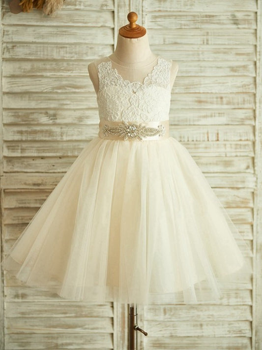 A-Line/Princess Tea-Length Scoop Lace Sleeveless Tulle Flower Girl Dresses DEP0007770