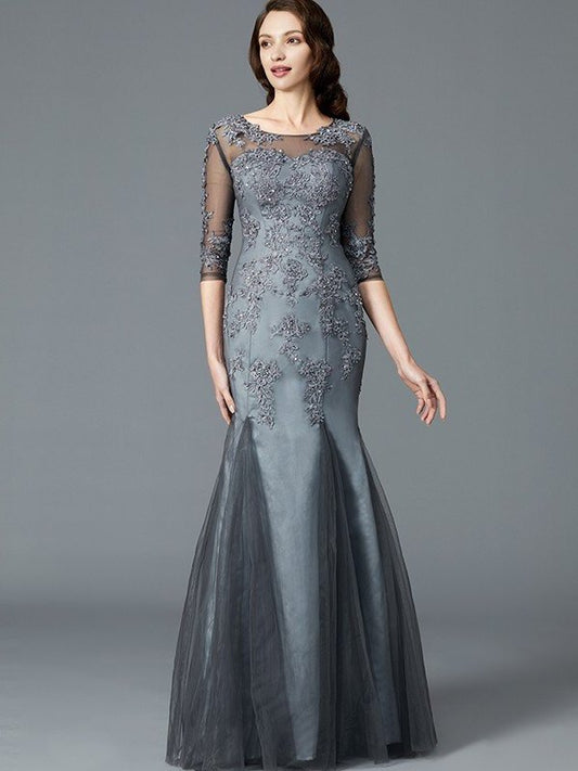 Sheath/Column Scoop Applique 1/2 Sleeves Tulle Floor-Length Mother of the Bride Dresses DEP0007147