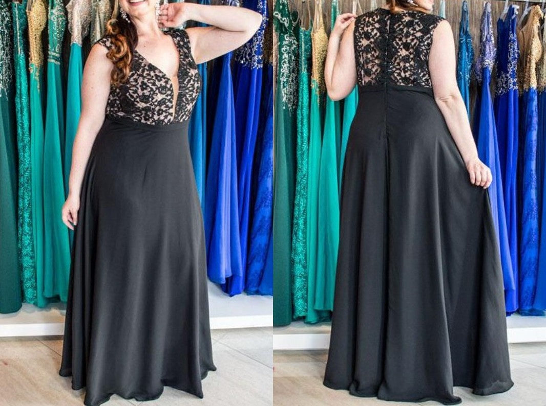 A-Line/Princess V-neck Sleeveless Applique Floor-Length Chiffon Plus Size Dresses DEP0003880