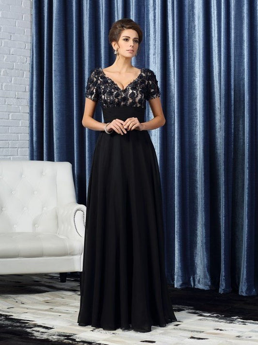 A-Line/Princess V-neck Short Sleeves Long Chiffon Mother of the Bride Dresses DEP0007144