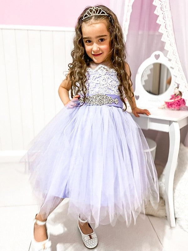 A-Line/Princess Tulle Lace Scoop Sleeveless Knee-Length Flower Girl Dresses DEP0009288