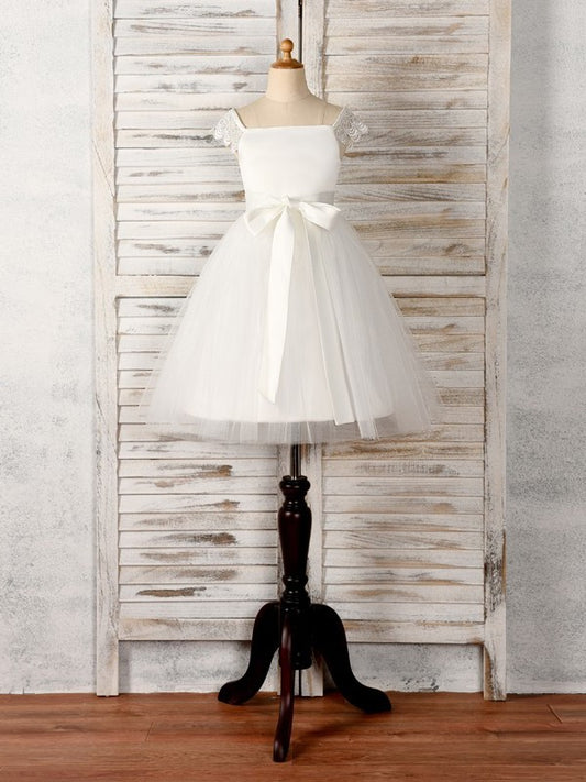 A-Line/Princess Tulle Sash/Ribbon/Belt Scoop Sleeveless Tea-Length Flower Girl Dresses DEP0007531