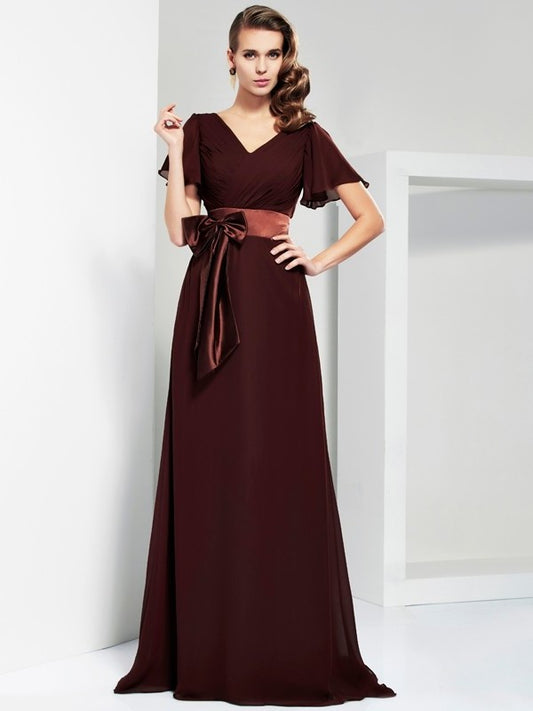 A-Line/Princess V-neck Short Sleeves Sash/Ribbon/Belt Long Chiffon Mother of the Bride Dresses DEP0007384