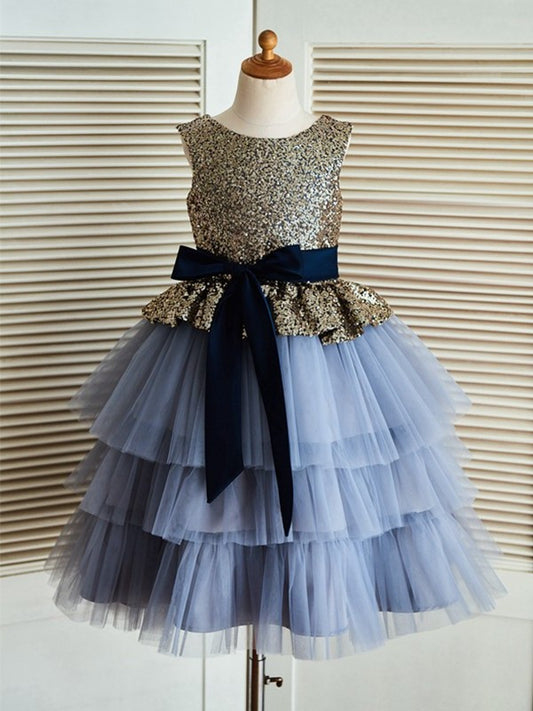 A-Line/Princess Tea-Length Scoop Sequin Sleeveless Tulle Flower Girl Dresses DEP0007921