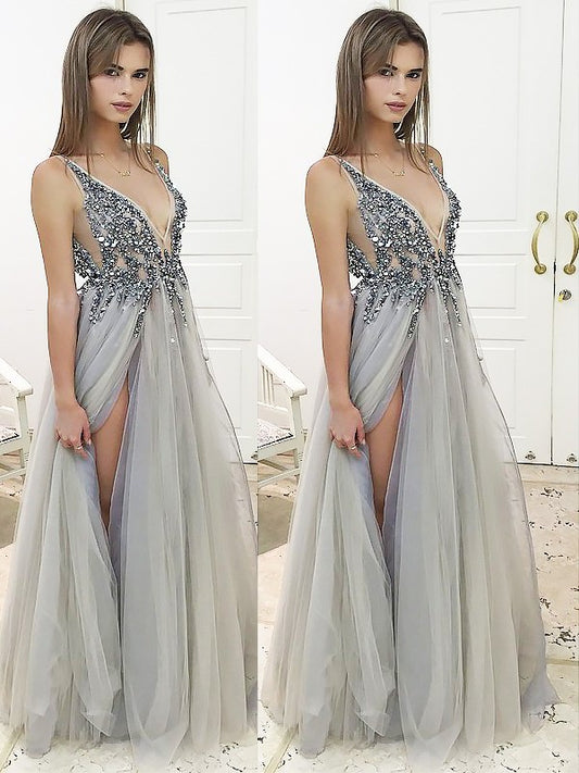 A-Line/Princess V-Neck Sleeveless Floor-Length Beading Tulle Dresses DEP0001963