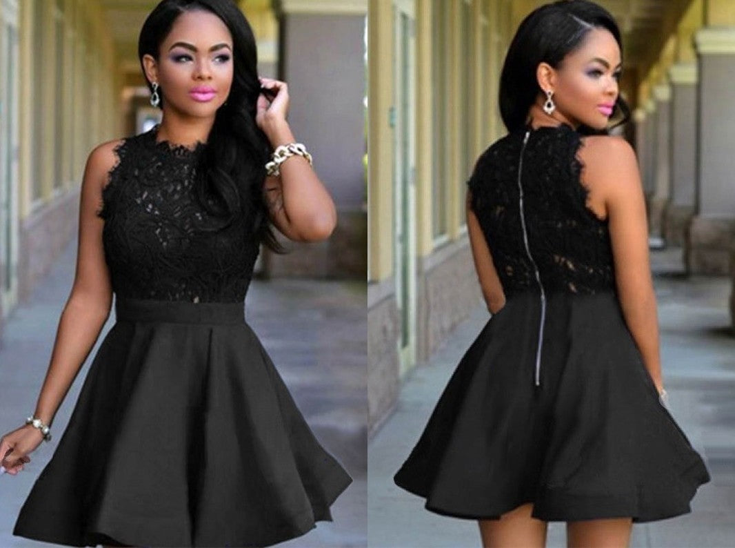 A-Line Jewel Cut Short With Lace Satin Black Homecoming Dresses DEP0008494