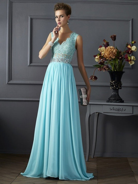 A-Line/Princess Straps Sleeveless Beading Lace Long Chiffon Dresses DEP0002636