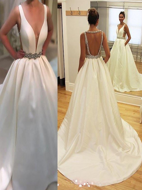 A-Line/Princess Court Train Satin V-neck Sleeveless Wedding Dresses DEP0006163