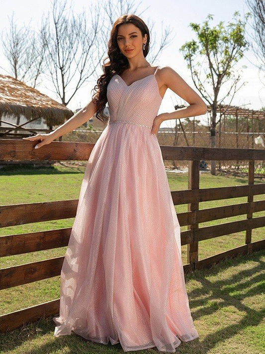 A-Line/Princess Ruched V-neck Sleeveless Floor-Length Dresses DEP0001516