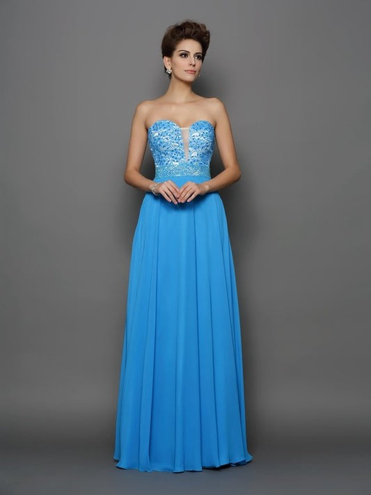 A-Line/Princess Sweetheart Applique Sleeveless Long Chiffon Dresses DEP0004423