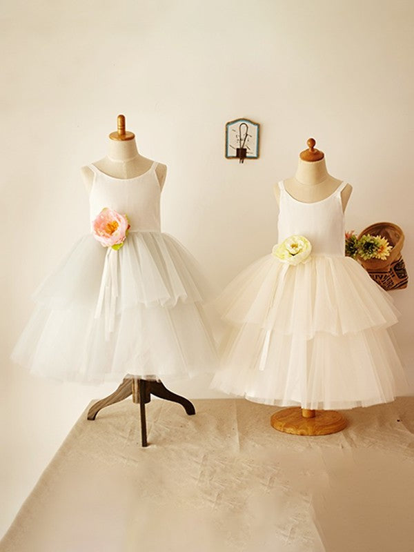 A-Line/Princess Tulle Layers Scoop Sleeveless Knee-Length Flower Girl Dresses DEP0007918