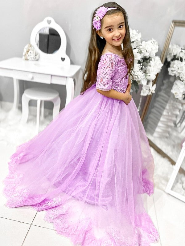 Ball Gown Tulle Lace Off-the-Shoulder 1/2 Sleeves Sweep/Brush Train Flower Girl Dresses DEP0007476