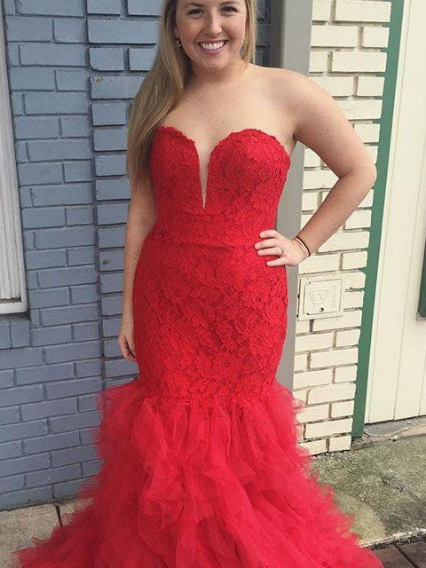 Trumpet/Mermaid Sweetheart Sleeveless Lace Sweep/Brush Train Tulle Plus Size Dresses DEP0003856