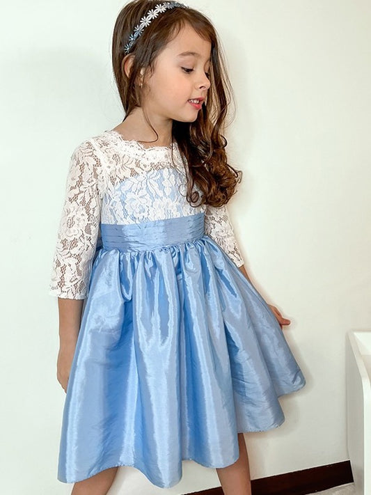 A-Line/Princess Taffeta Lace Scoop 3/4 Sleeves Knee-Length Flower Girl Dresses DEP0009283