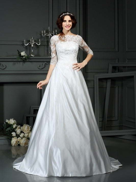 A-Line/Princess Bateau Lace 1/2 Sleeves Long Satin Wedding Dresses DEP0006562