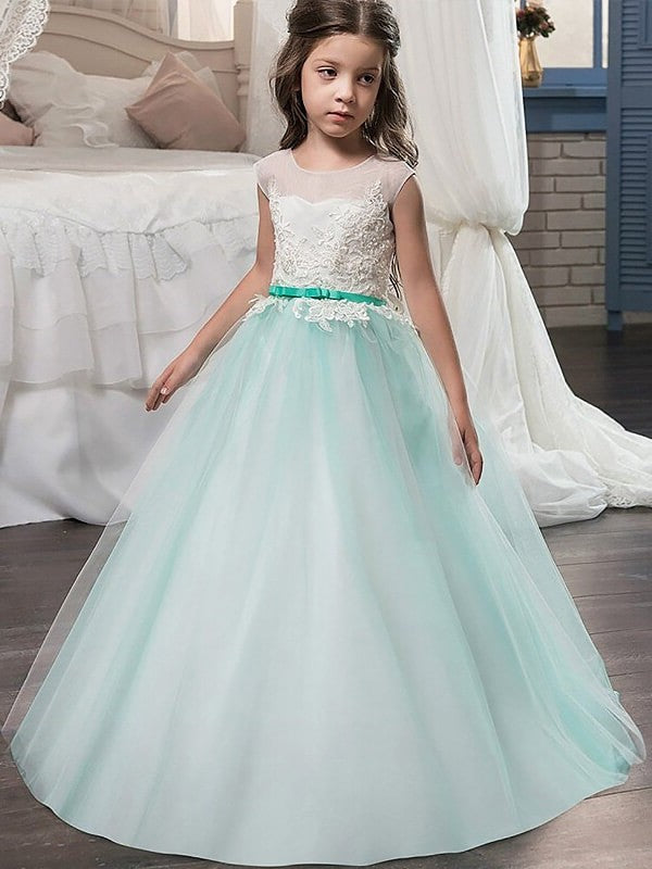 Ball Gown Jewel Sleeveless Sash/Ribbon/Belt Floor-Length Tulle Flower Girl Dresses DEP0007746