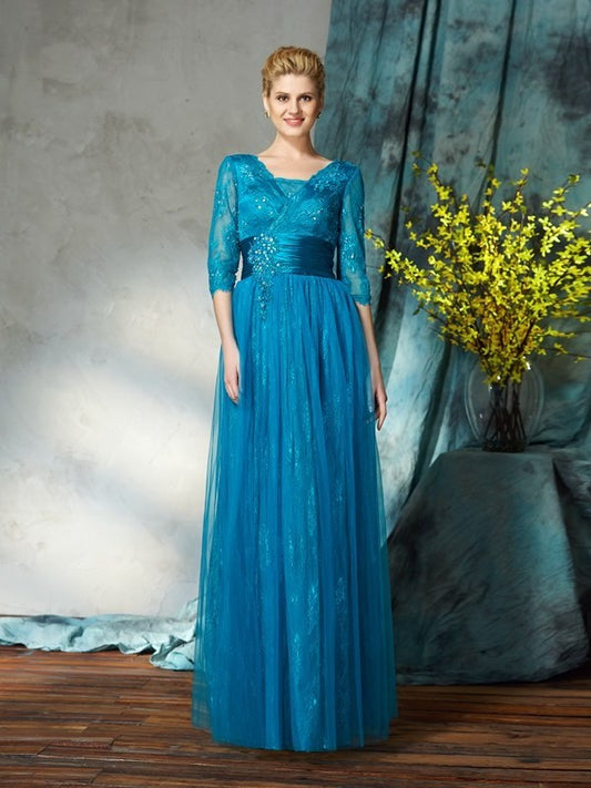 A-Line/Princess V-neck Applique 3/4 Sleeves Long Net Mother of the Bride Dresses DEP0007436