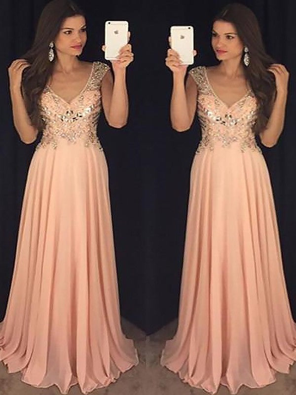 A-Line/Princess Sleeveless V-neck Chiffon Paillette Floor-Length Dresses DEP0002098