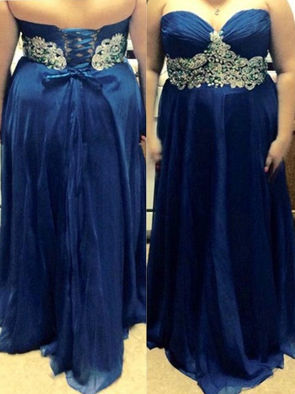 A-Line/Princess Sweetheart Sleeveless Beading Floor-Length Chiffon Plus Size Dresses DEP0003384