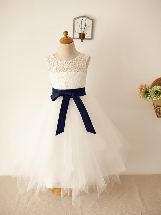 A-Line/Princess Tulle Sash/Ribbon/Belt Scoop Sleeveless Tea-Length Flower Girl Dresses DEP0007803