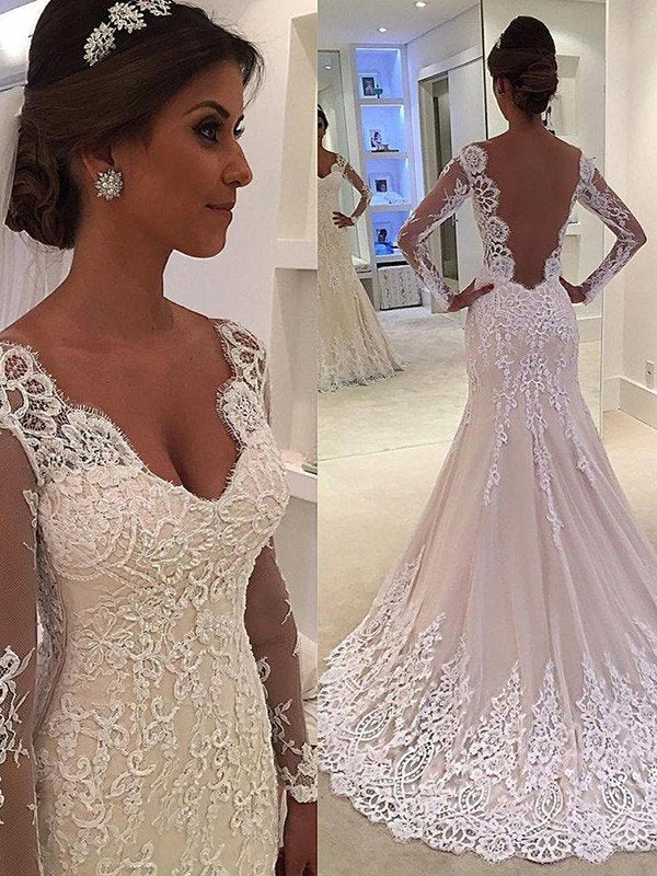 Trumpet/Mermaid Long Sleeves V-neck Court Train Lace Wedding Dresses DEP0006161