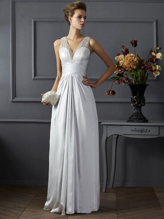 A-Line/Princess Straps Sleeveless Beading Long Silk like Satin Dresses DEP0002697