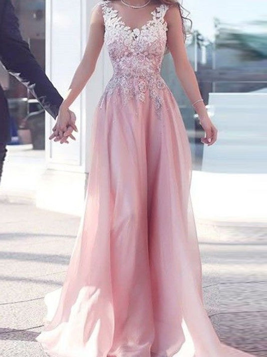 A-Line/Princess Sweetheart Sleeveless Floor-Length Applique Chiffon Dresses DEP0002026