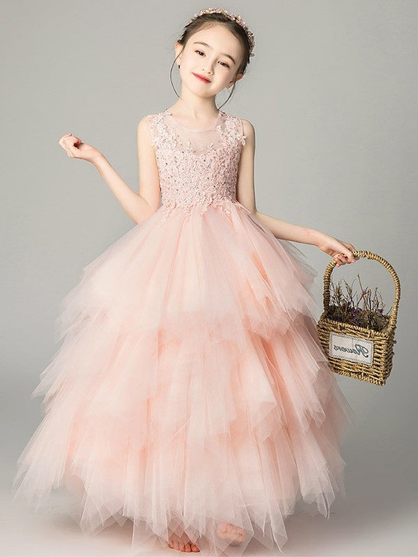 A-Line/Princess Tulle Applique Scoop Sleeveless Floor-Length Flower Girl Dresses DEP0007507