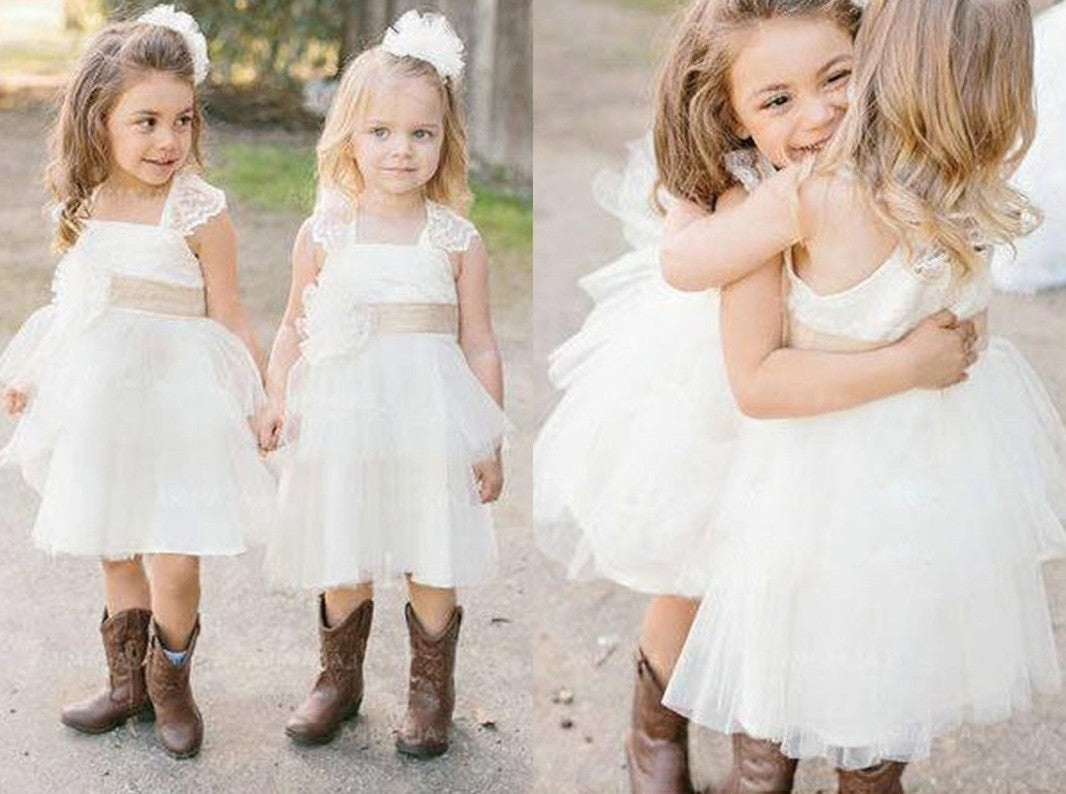 A-Line/Princess Sleeveless Square Knee-Length Sash/Ribbon/Belt Tulle Flower Girl Dresses DEP0007733