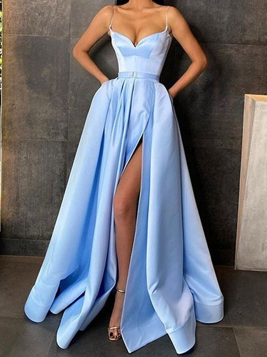 A-Line/Princess Satin Ruffles Spaghetti Straps Sleeveless Floor-Length Dresses DEP0001766