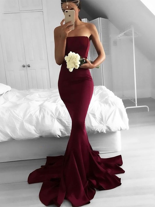 Trumpet/Mermaid Strapless Sweep/Brush Train Stretch Crepe Sleeveless Ruffles Dresses DEP0001895