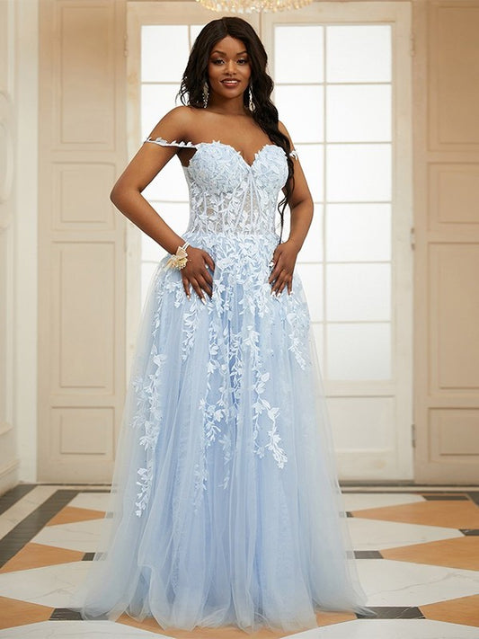 A-Line/Princess Tulle Applique Off-the-Shoulder Sleeveless Sweep/Brush Train Dresses DEP0001668