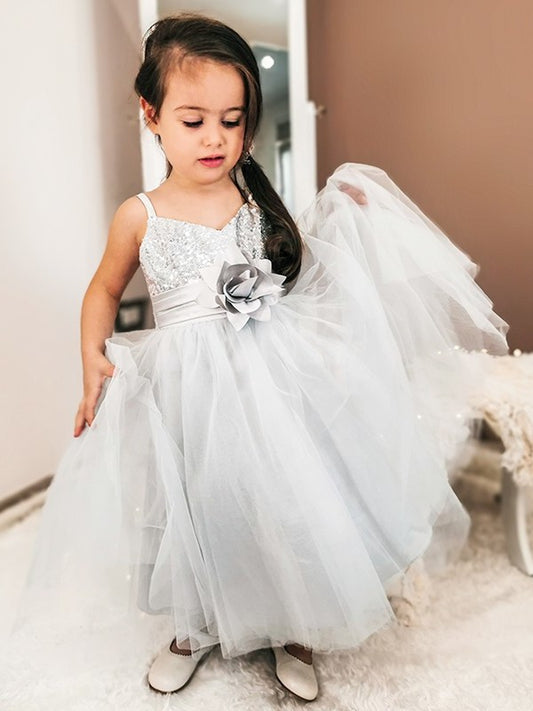 A-Line/Princess Tulle Sequin Spaghetti Straps Sleeveless Tea-Length Flower Girl Dresses DEP0007485