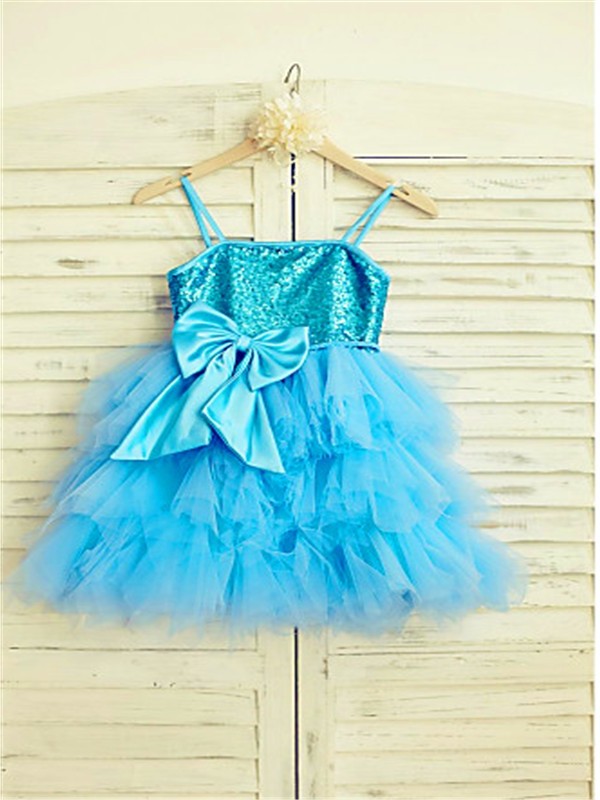 A-line/Princess Spaghetti Straps Sleeveless Sequin Tea-Length Net Flower Girl Dresses DEP0007858