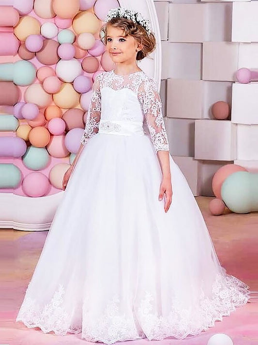 Ball Gown Jewel 1/2 Sleeves Lace Sweep/Brush Train Tulle Flower Girl Dresses DEP0007566