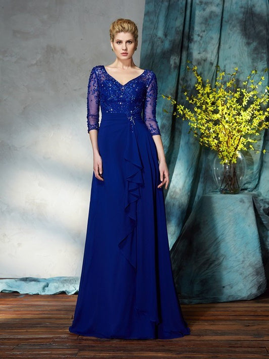 A-Line/Princess V-neck Sequin 3/4 Sleeves Long Chiffon Mother of the Bride Dresses DEP0007197