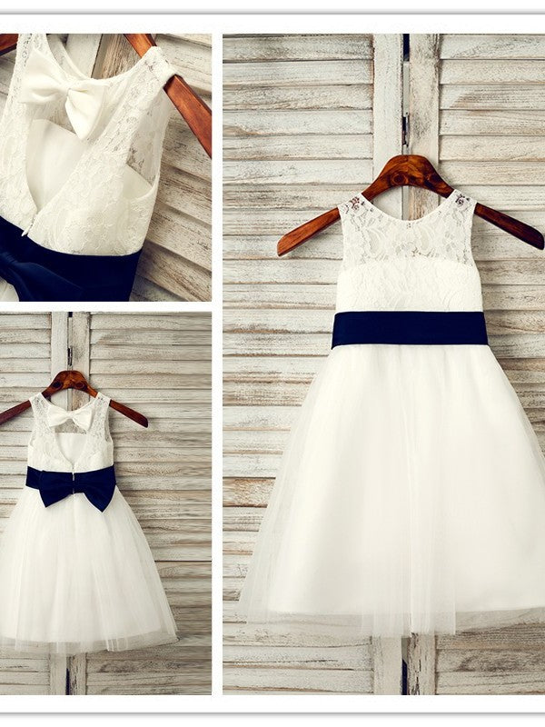 A-Line/Princess Tulle Bowknot Scoop Sleeveless Tea-Length Flower Girl Dresses DEP0007519