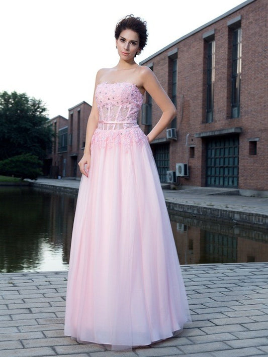 A-Line/Princess Straps Applique Sleeveless Long Net Dresses DEP0004416