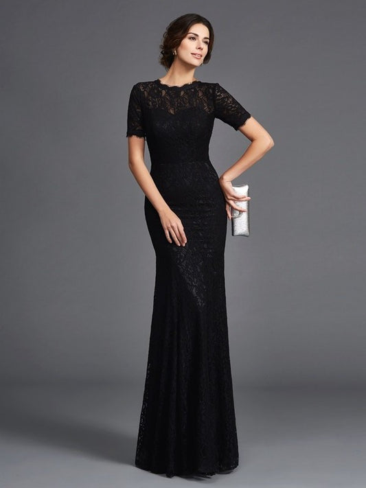 Sheath/Column Jewel Lace Short Sleeves Long Elastic Woven Satin Mother of the Bride Dresses DEP0007142