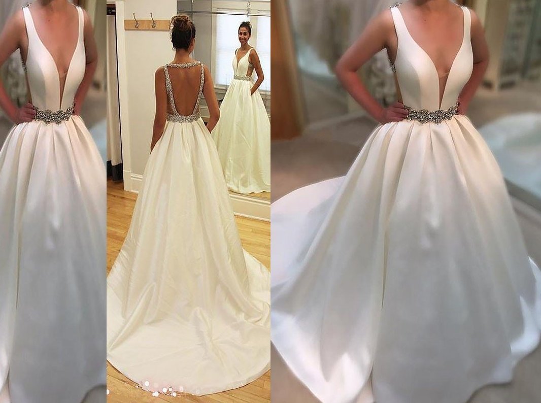 A-Line/Princess Court Train Satin V-neck Sleeveless Wedding Dresses DEP0006163