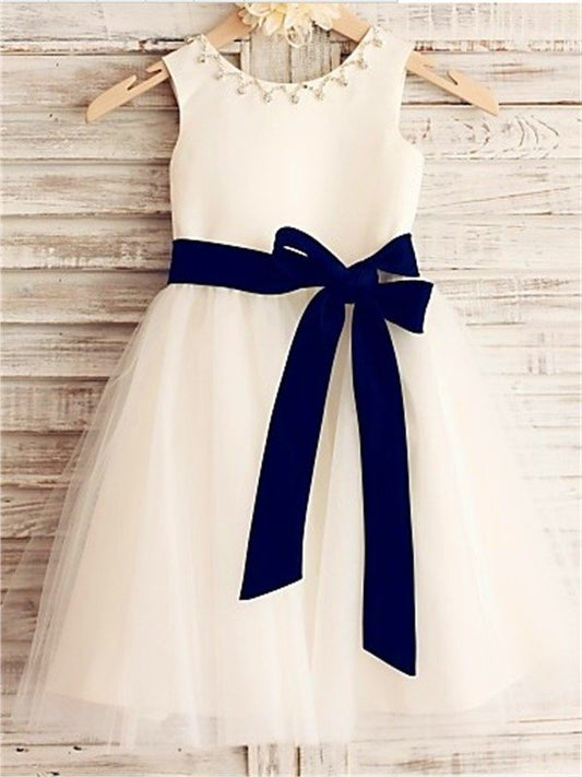 A-line/Princess Scoop Sleeveless Bowknot Tea-Length Tulle Flower Girl Dresses DEP0007624