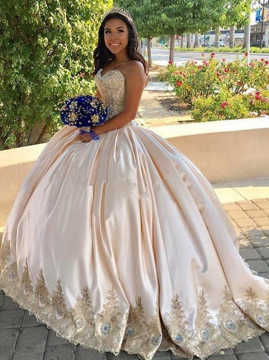 Ball Gown Beading Sweetheart Sweep/Brush Train Satin Sleeveless Dresses DEP0001755